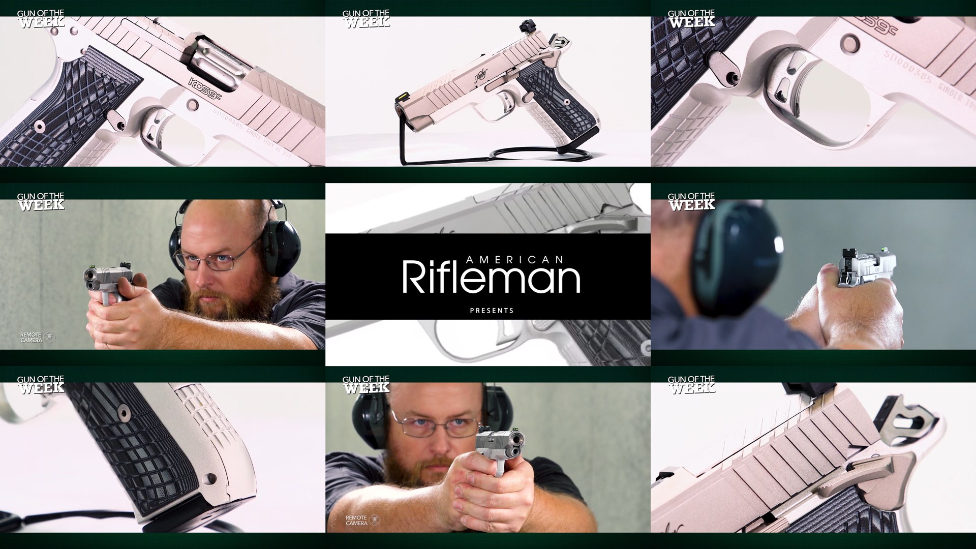 Kimber KDS9c 9 mm pistol details man shooting gun silver finish metal blue stockstiles arrangement 9 images text on image noting AMERICAN RIFLEMAN PRESENTS