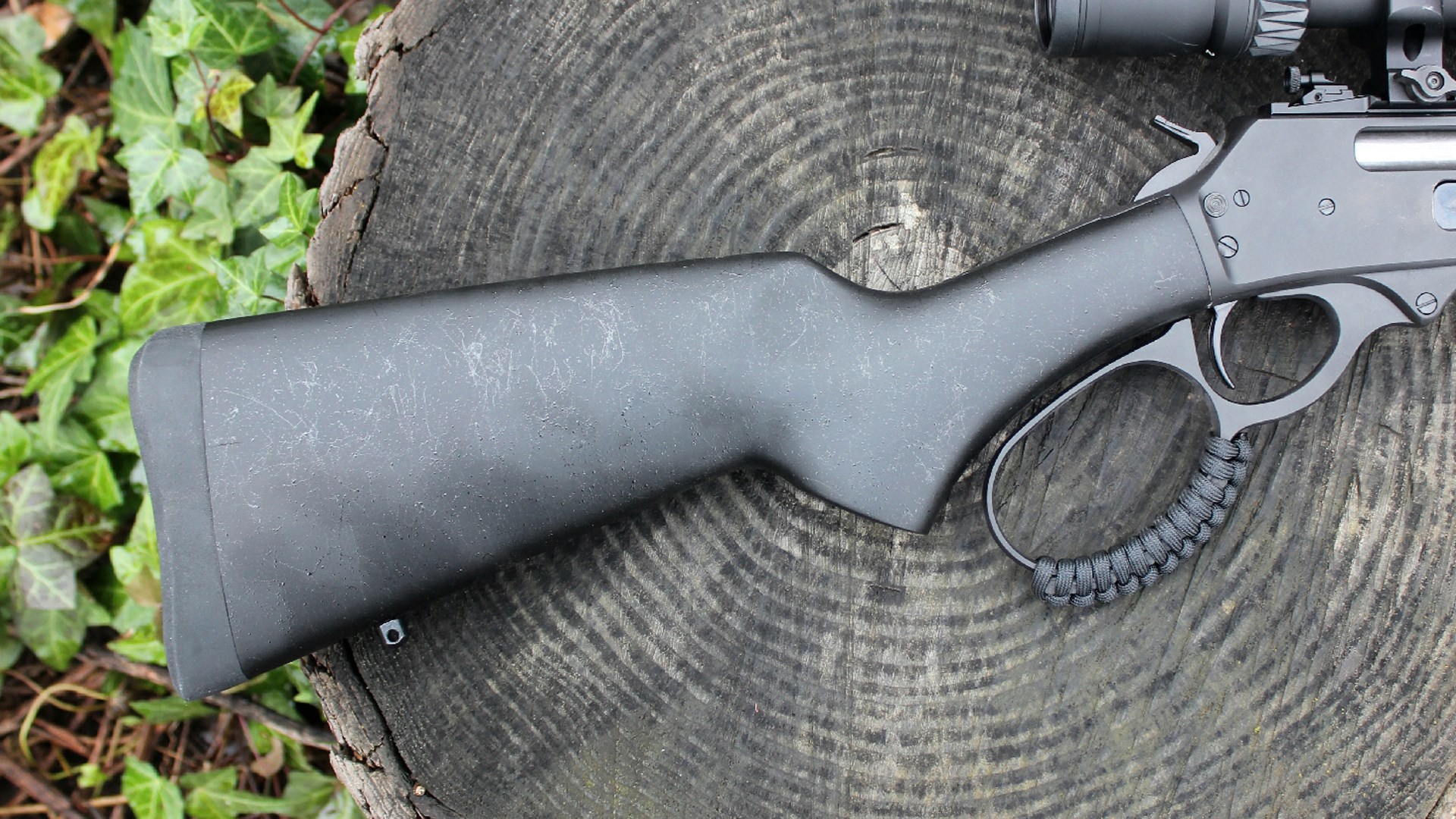 Rossi R95 Triple Black lever-action rifle black painted buttstock rubber recoil pad shown on stump outdoors green ivy background