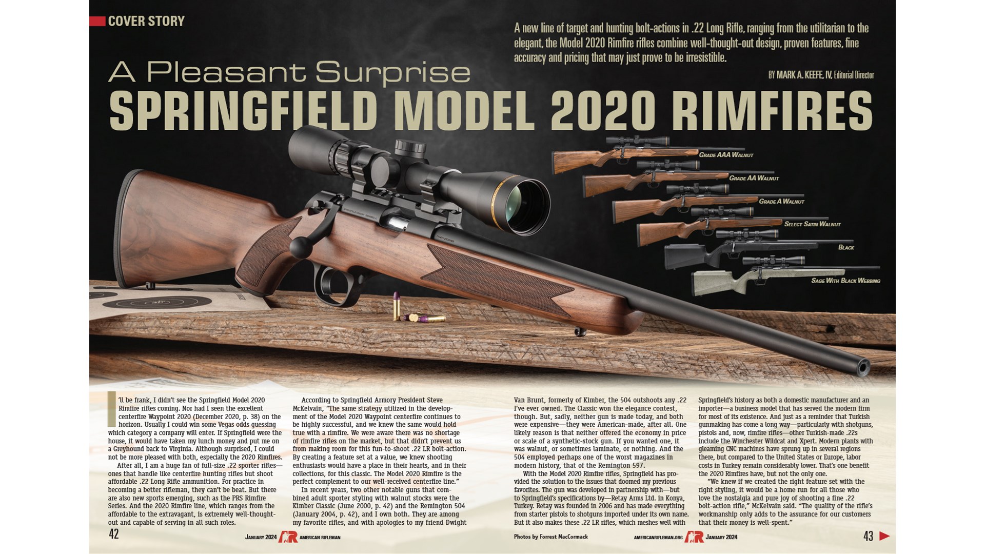 Magazine centerfold featuring Springfield Armory Model 2020 Rimfires bolt-action rifle text on image