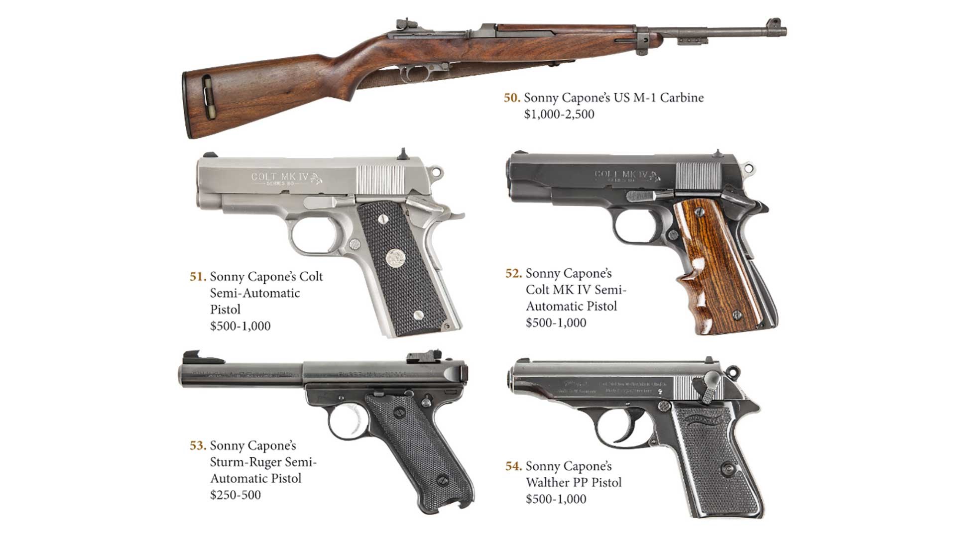 Several firearms owned by Sonny Capone shown on white, including an M1 Carbine, two 1911 pistols, a Walther PP and a Ruger pistol.