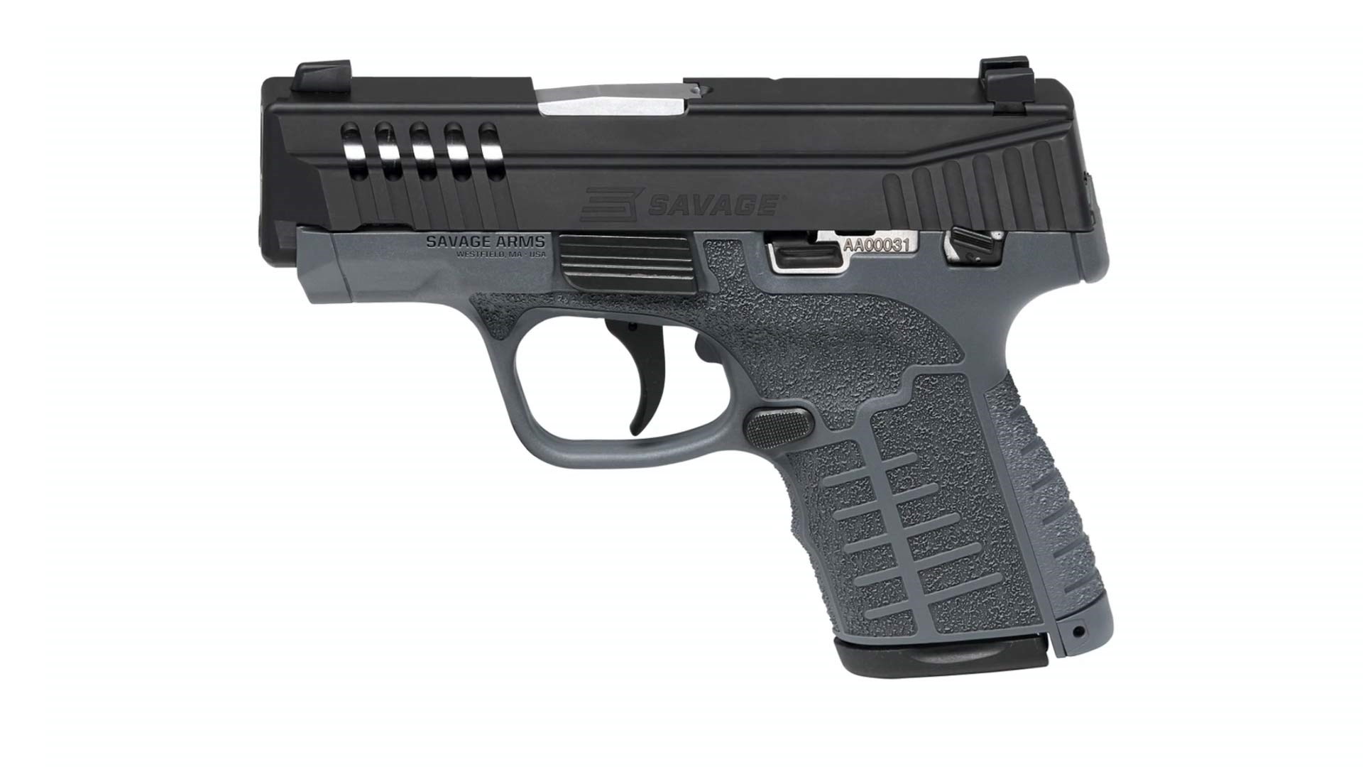 Left-side view handgun pistol gray frame black slide Savage Arms Stance 9 mm