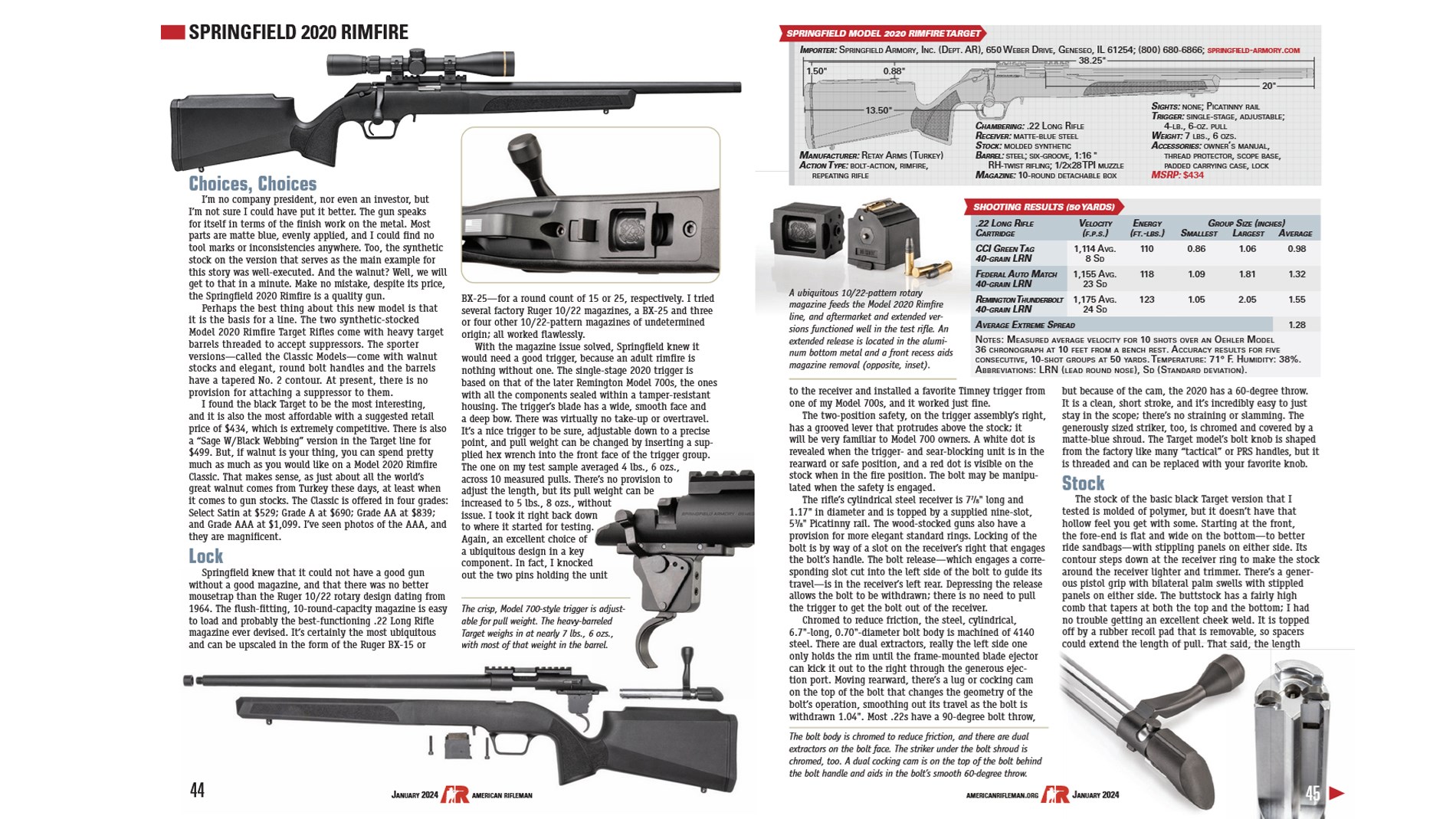 Springfield Model 2020 Rimfire magazine spread guns graphics text on page