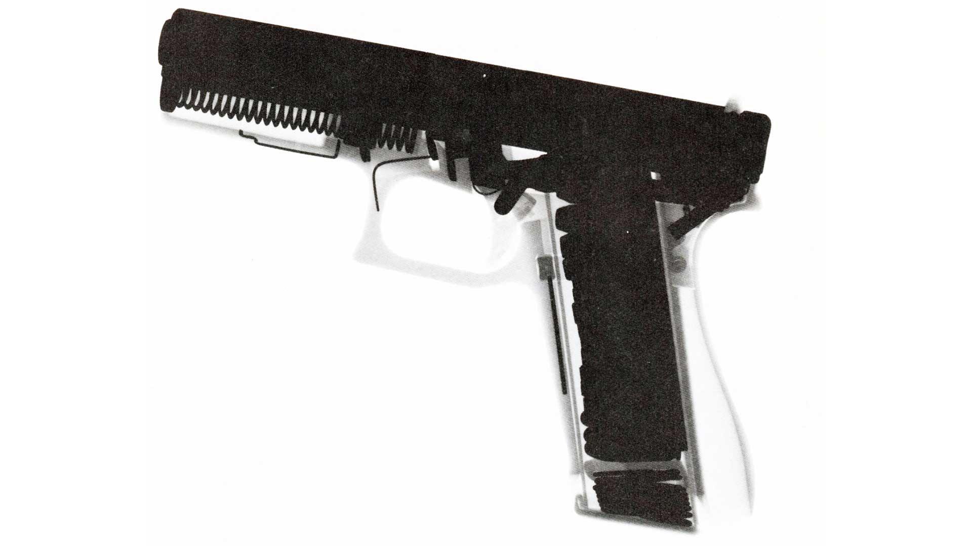 An X-ray image of a Glock 17 pistol.