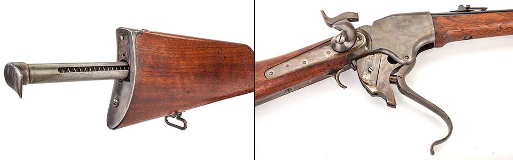 Spencer carbine rifle detail image of tubular magazine in its buttstock lever-action falling block