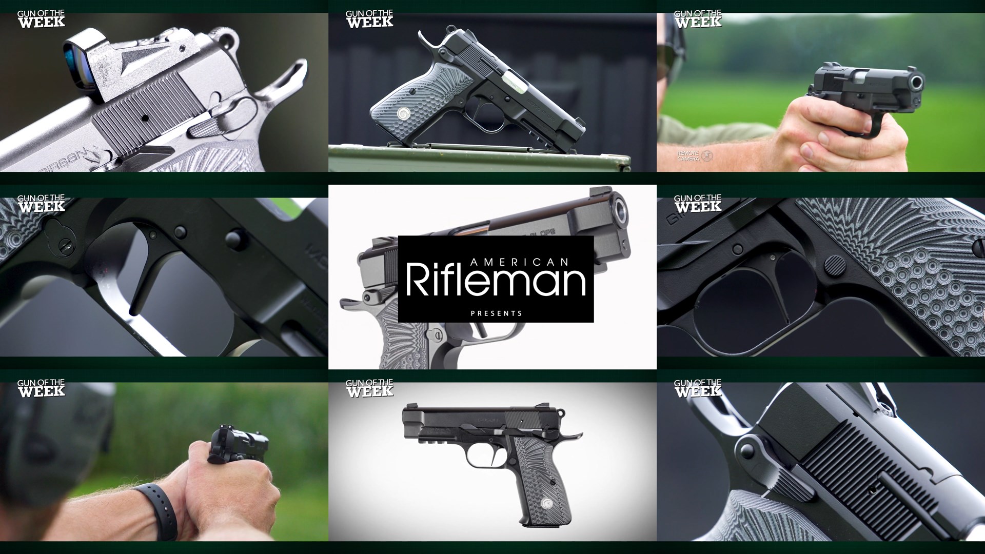 AMERICAN RIFLEMAN PRESENTS GUN OF THE WEEK text overlay nine images tiles arrangement gun eaa high power mcp35 pi ops 9 mm man shooting outdoors