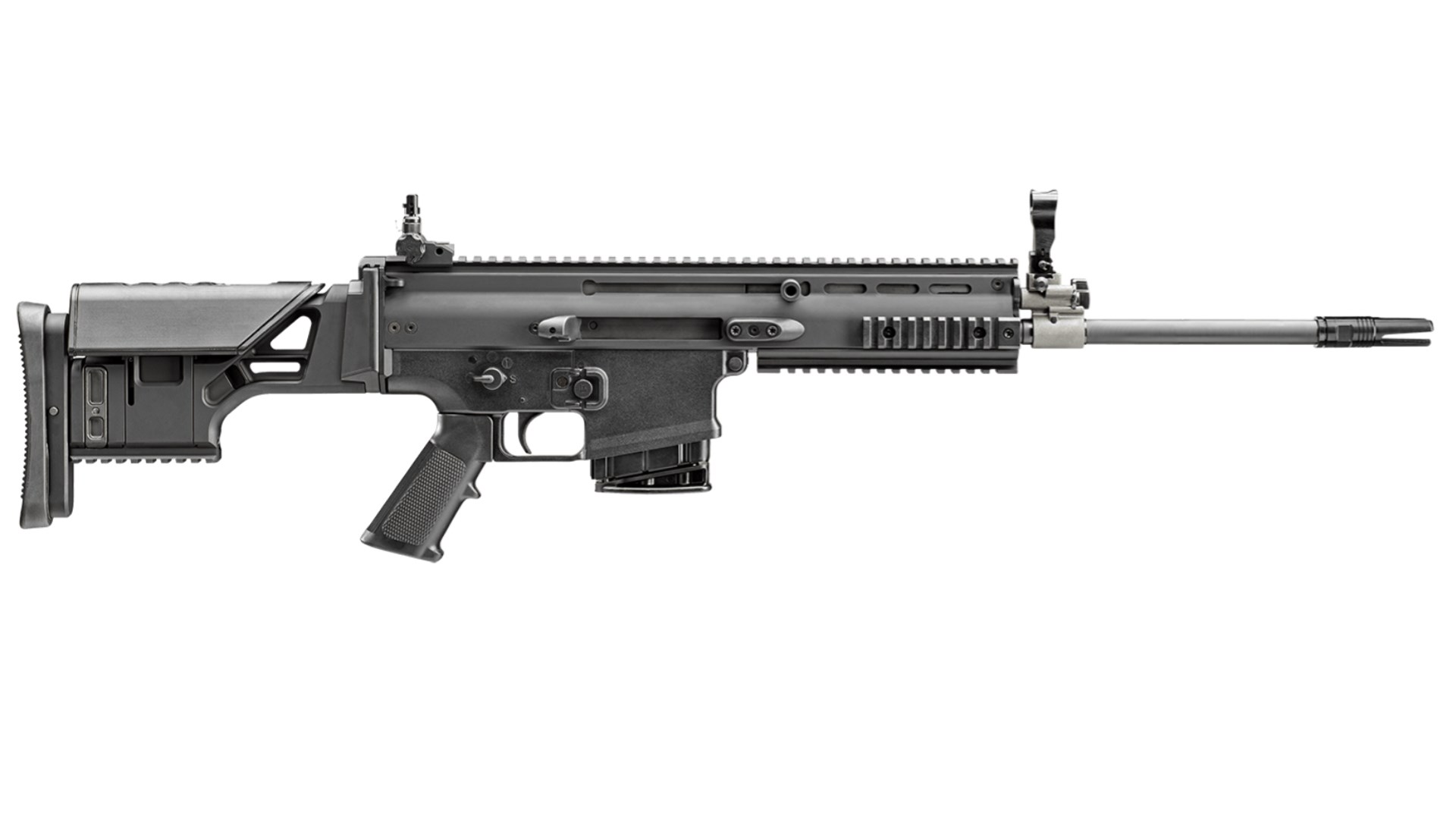 Right side of the all-black FN America SCAR 17S DMR rifle.