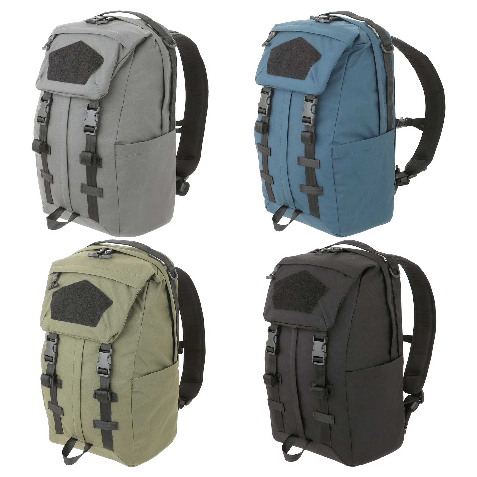 four backpacks black green gray blue