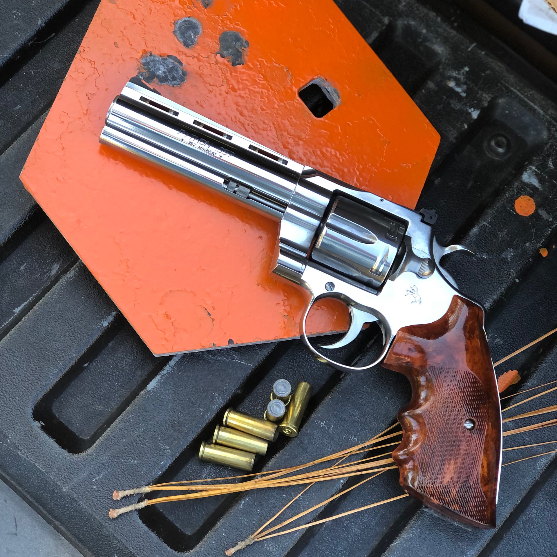 Colt python stainless steel revolver .357 Mag. bullets ammunition orange steel plate truck tailgate