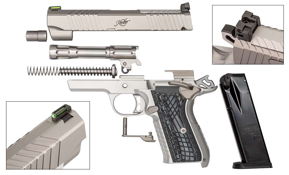Kimber KDS9c pistol disassembled view gun parts on white barrel frame spring inset images detailing sights