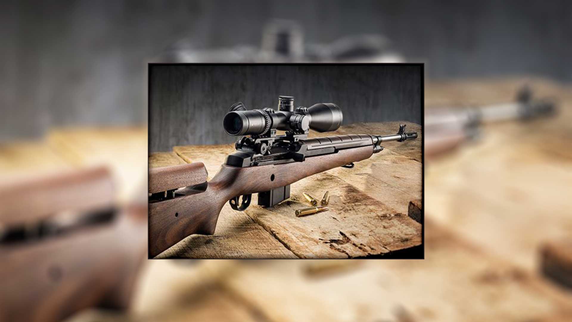 rifle on bench box wood metal gun scope black brown