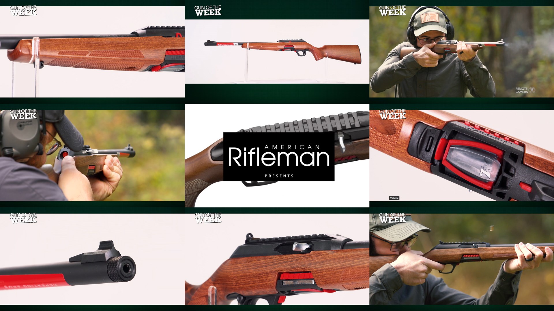 AMERICAN RIFLEMAN PRESENTS text on image tiles nine images arrangement men shooting gun rifle