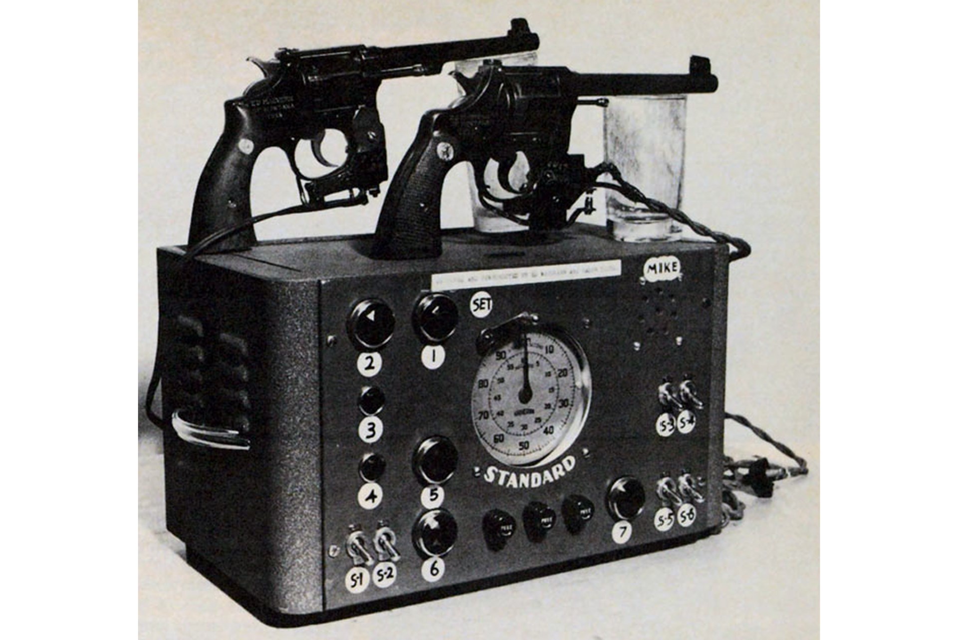 Elaborate timing device was a product of McGivern's own ingenuity. Providing measurements in increments down to 1/20 second, its accuracy was verified by the U.S. Bureau of Standards.