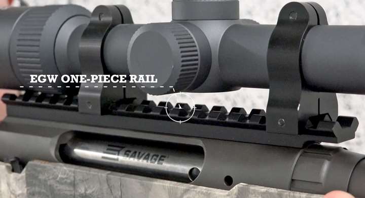 Up close of a Savage rifle receiver with text on image calling out the EGW one-piece optic rail.