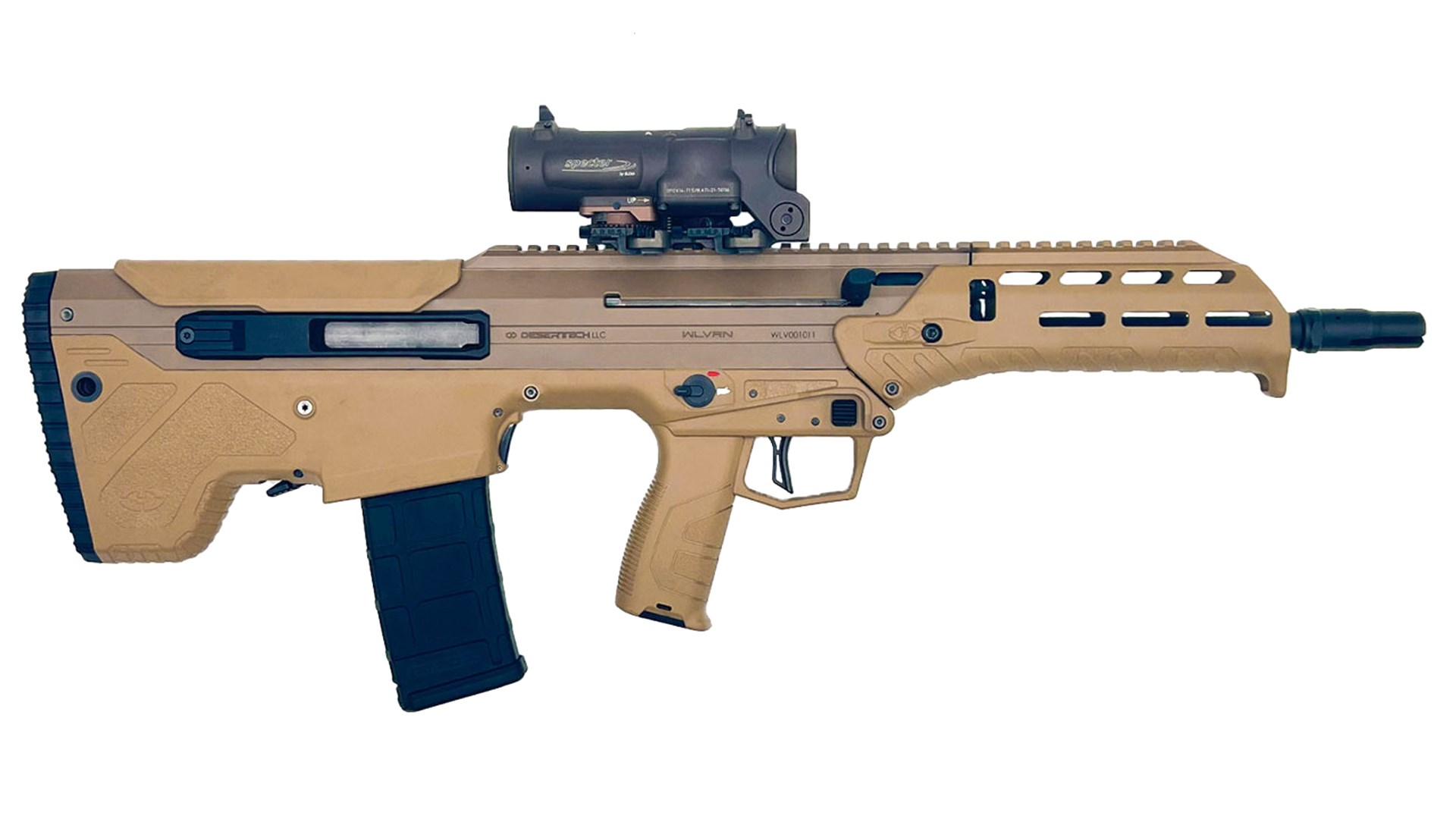 Right side of the FDE-finished Desert Tech WLVRN bullpup rifle.