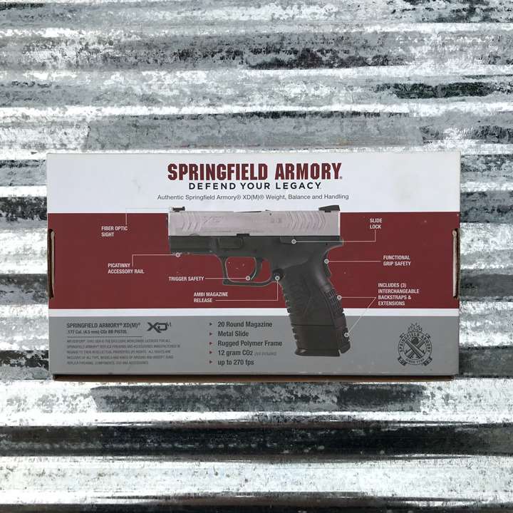 Springfield Armory BB pistol box shown on silver roof background.