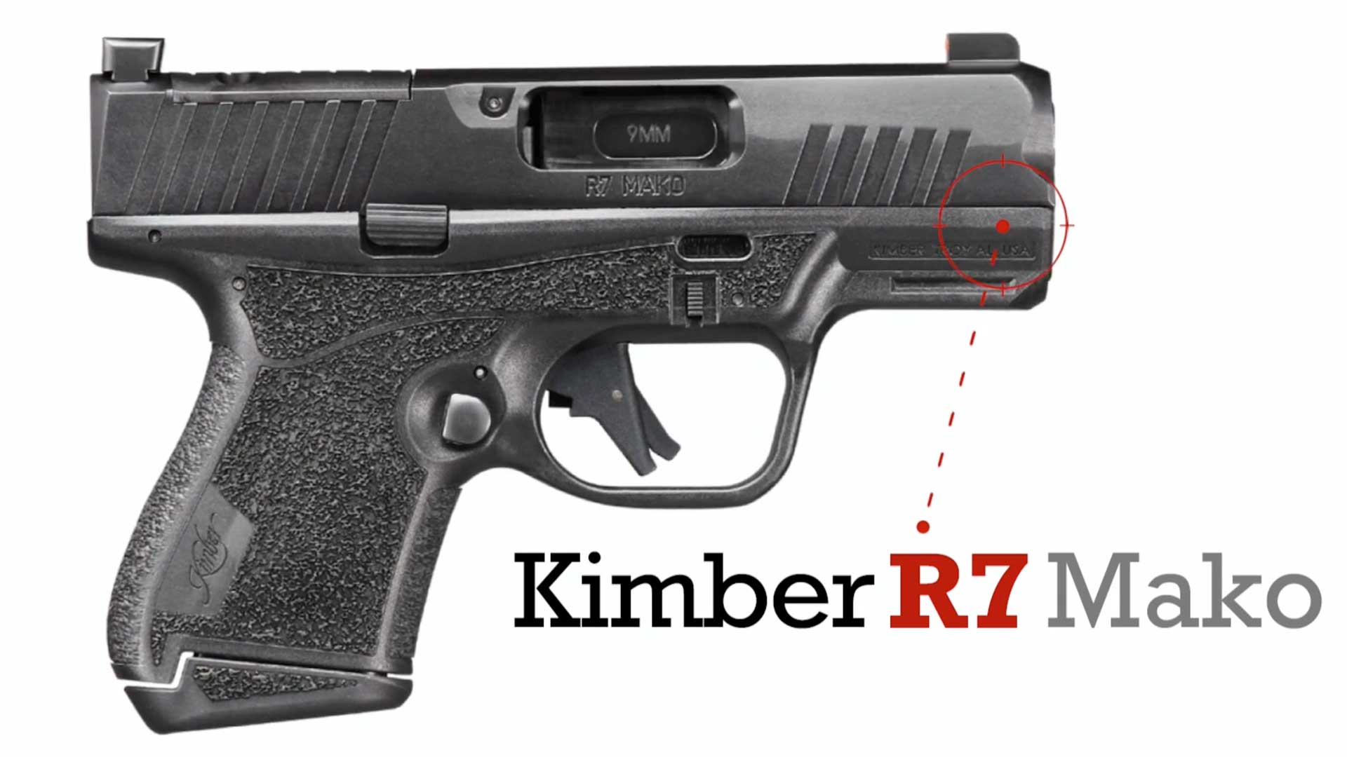 right side pistol handgun black plastic steel gun text on image noting "Kimber R7 Mako"
