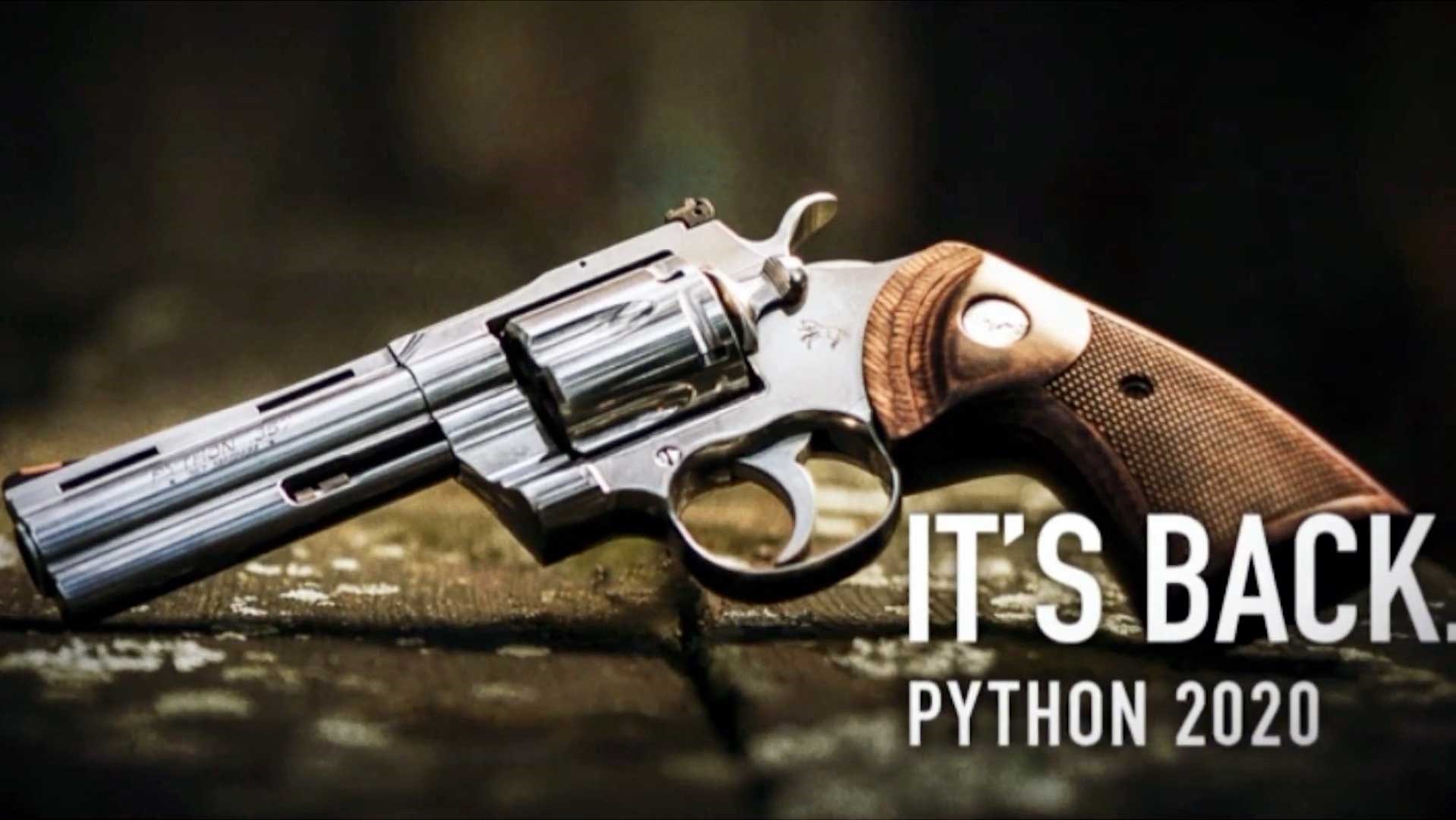 A new Colt Python introduced in 2020 shown on a wooden background with the text "It's back. Python 2020."
