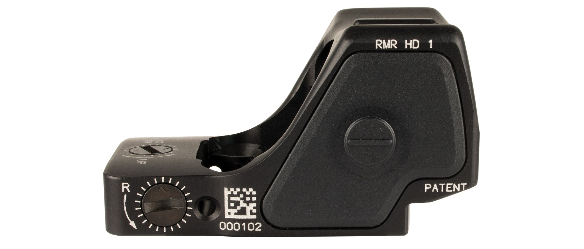 Right-side view Trijicon new RMR HD micro-red-dot optic small black housing button dial handgun reflex sight