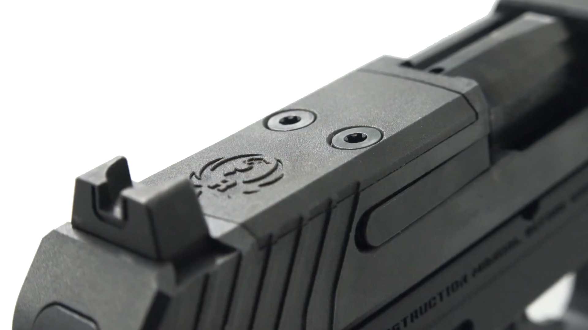 Pistol slide black metal sights serrations lines screws logo