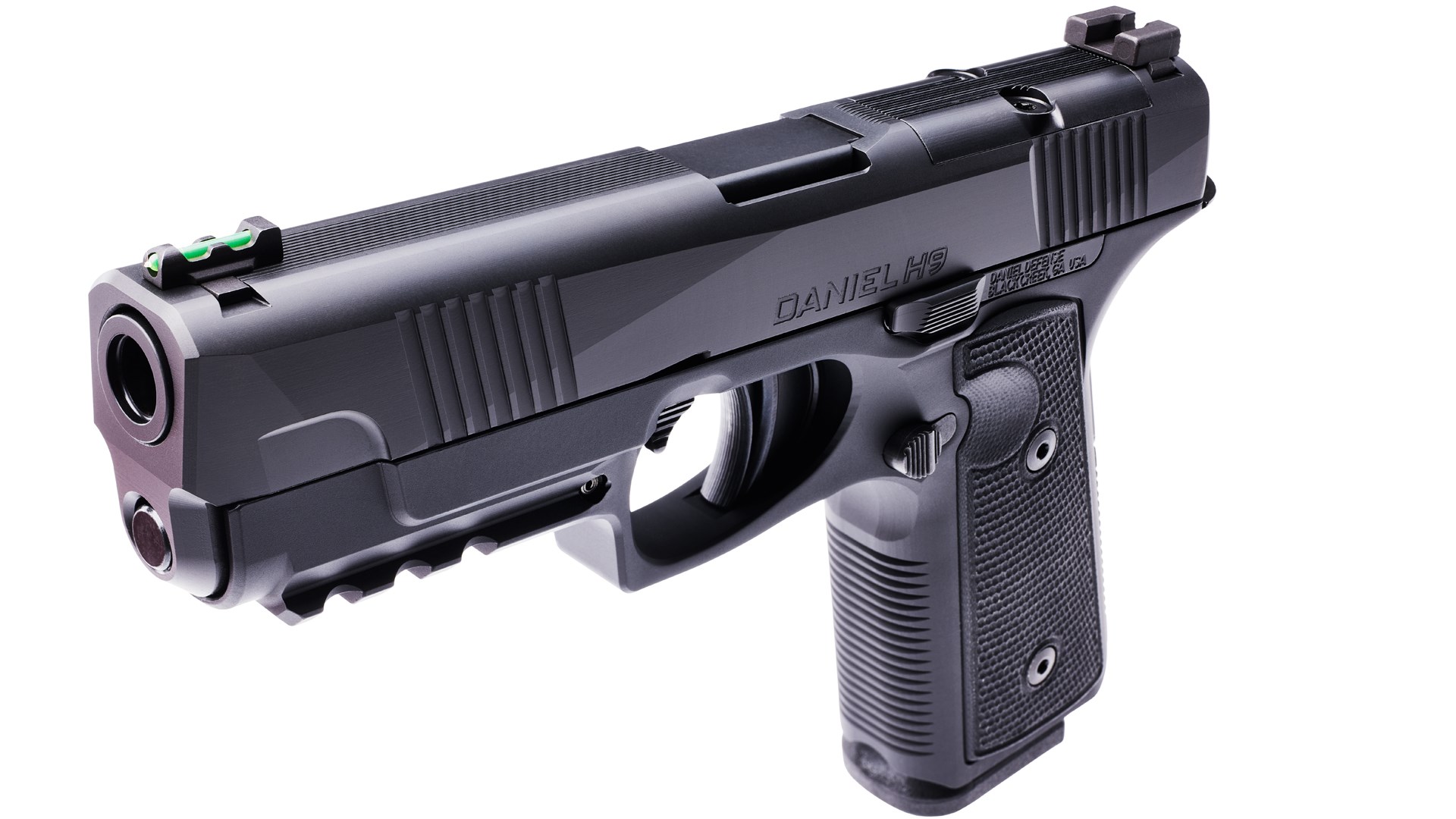 Top and left side of the Daniel Defense H9 pistol, showing fiber-optic front sight and optics cutout.