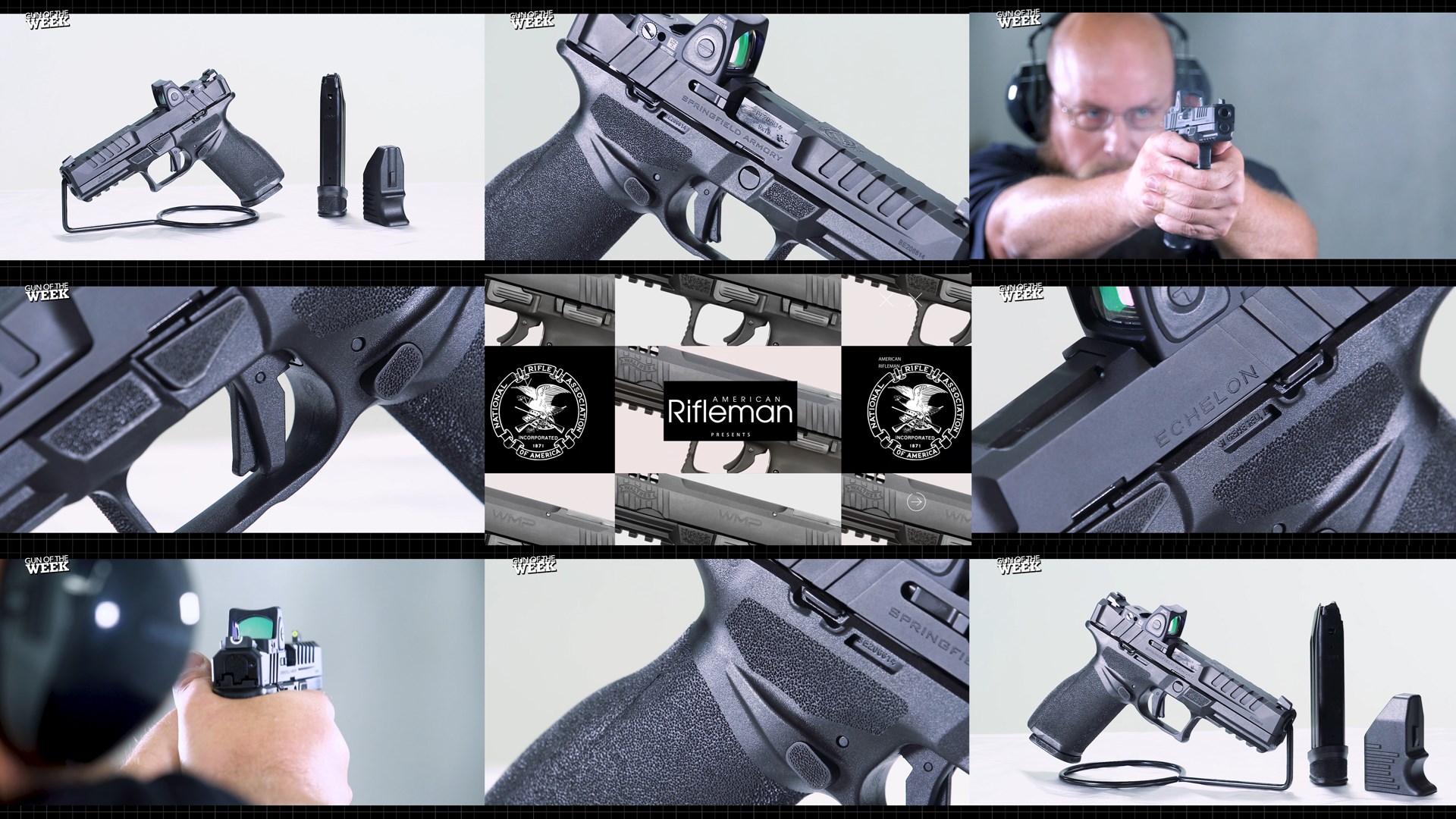 Springfield Armory Echelon pistol shooting range video screenshots tiles mosaic arrangement of images gun man text parts optic closeup details