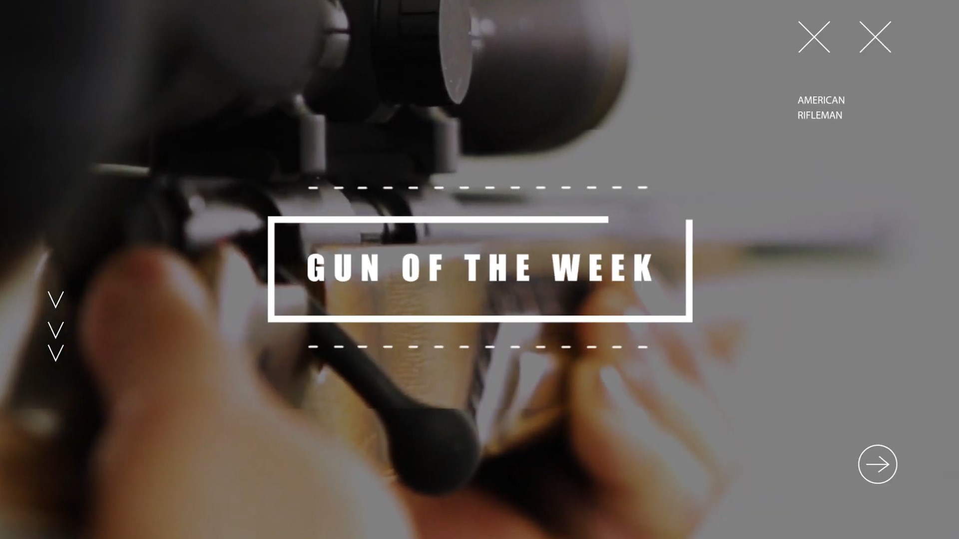GUN OF THE WEEK text middle with box and gun background shooting indoors