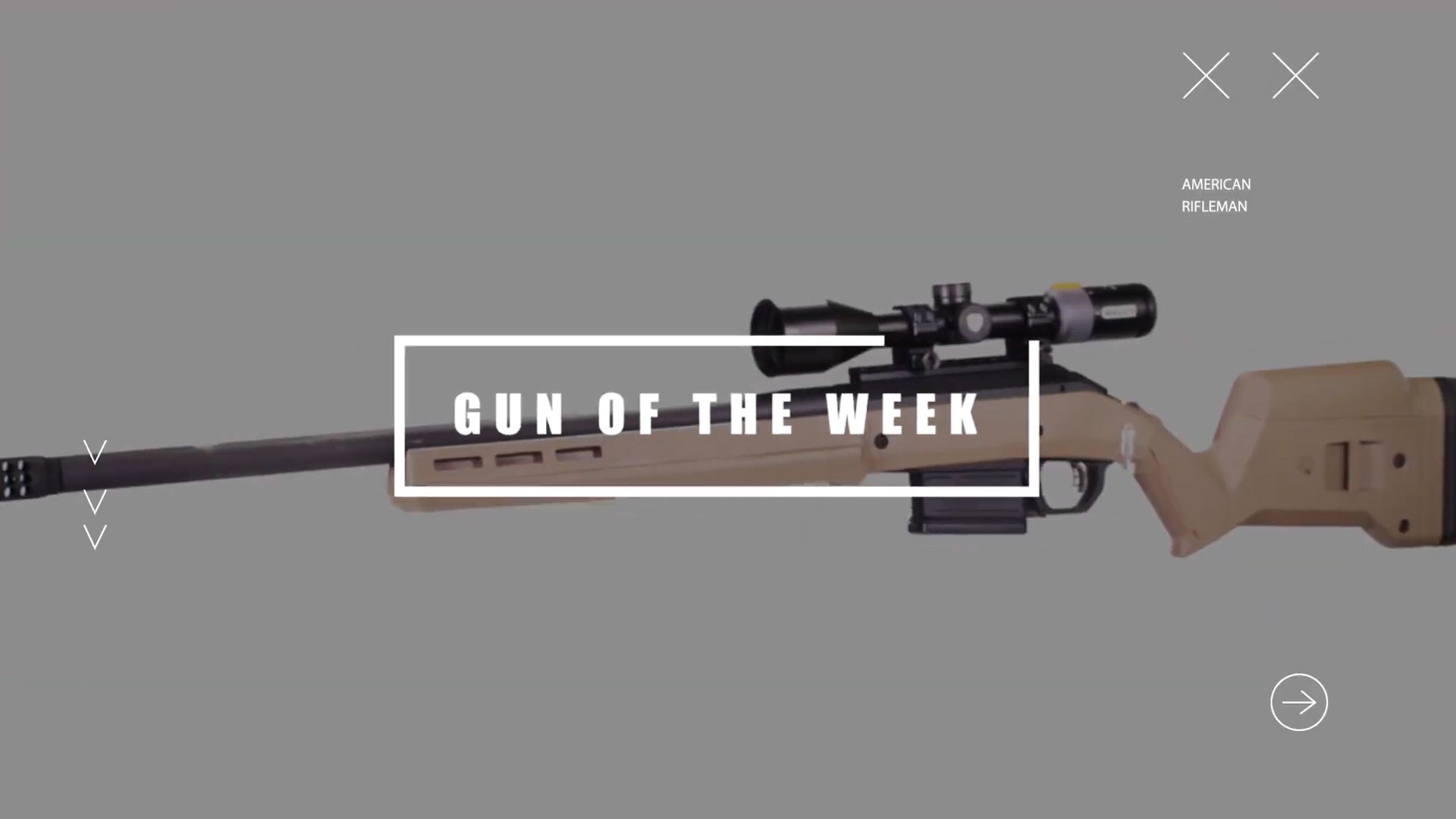 title screen with text GUN OF THE WEEK XX AMERICAN RIFLEMAN arrows gun rifle ruger american hunter davidson's exclusive offering flat dark earth magpul stock left-side quartering angle view of bolt-action rifle