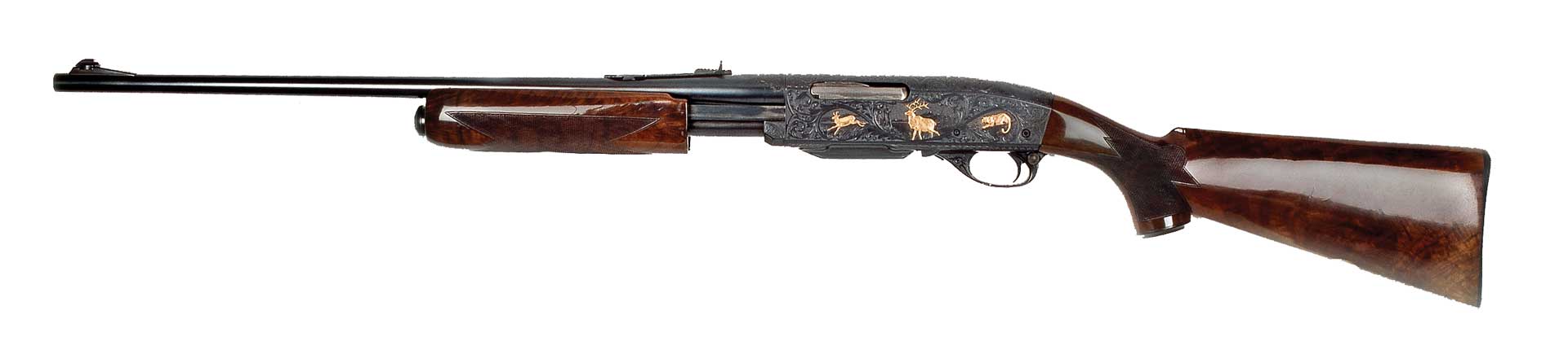 left-side view Remington Arms pump-action rifle firearm gun Model 760 hunting rifle gold engraving