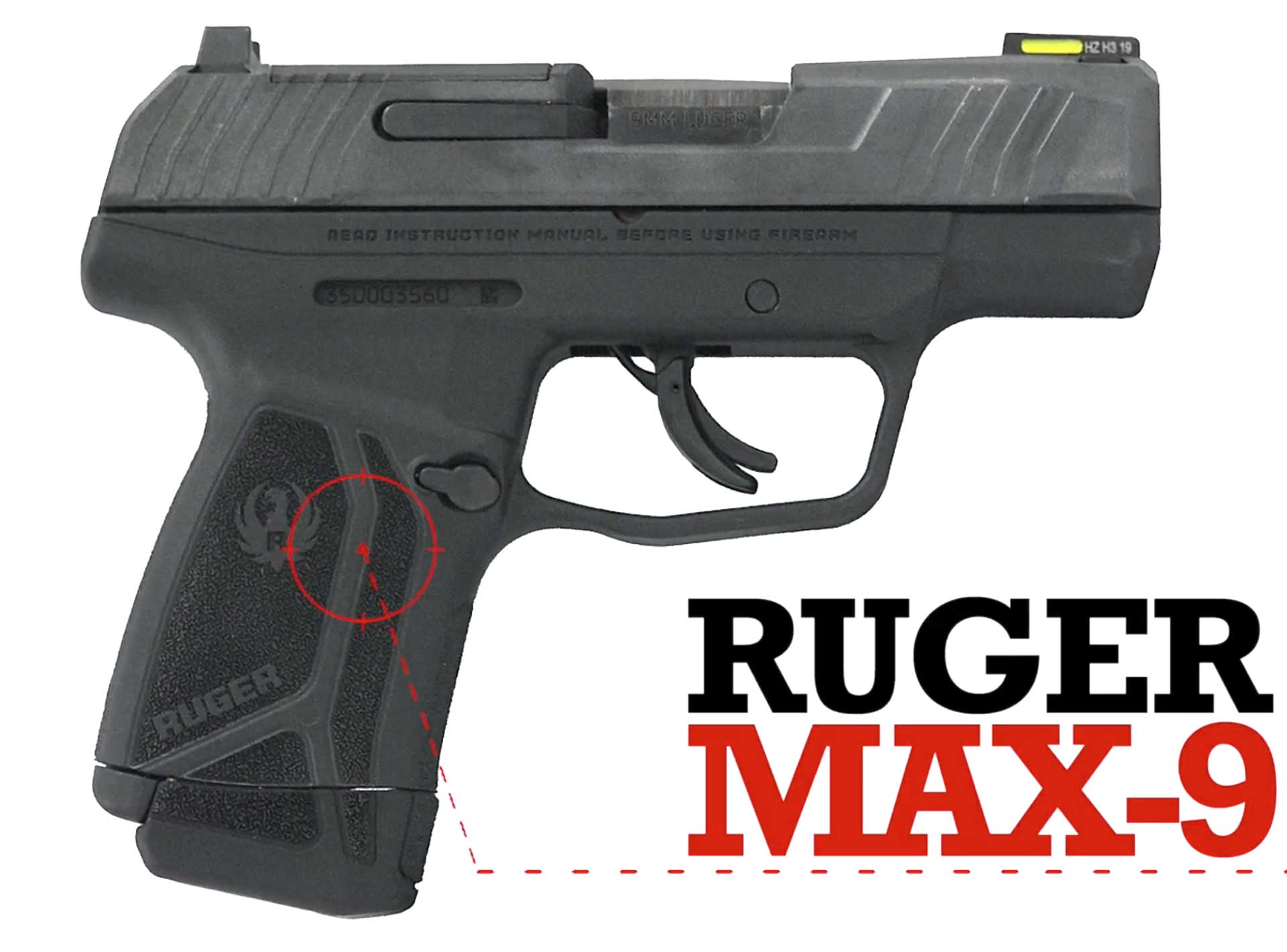 right side black gun pistol handgun plastic metal text noting make and model 