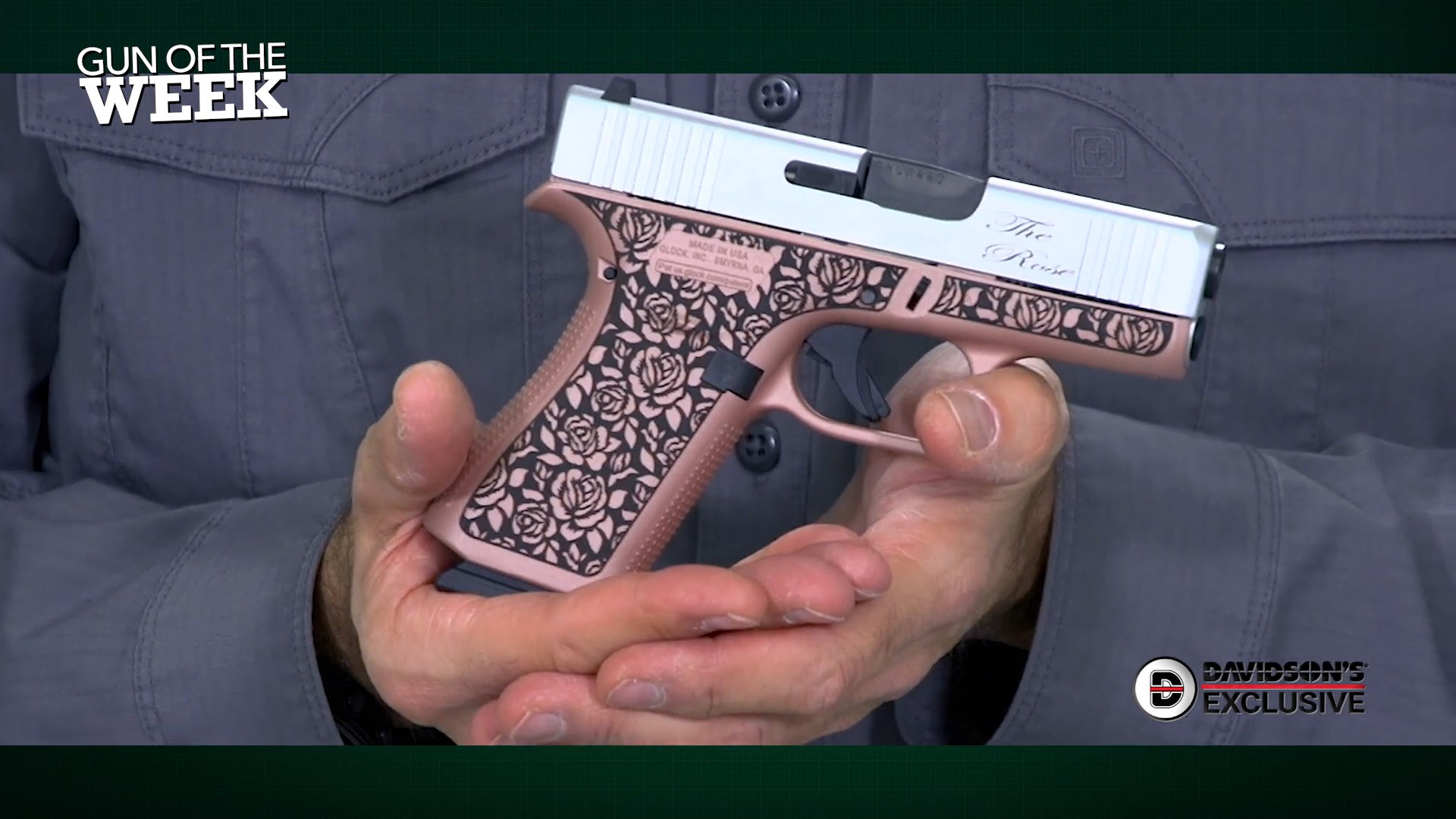 Glock G43X The Rose pistol in hands text on image GUN OF THE WEEK DAVIDSON's EXCLUSIVE