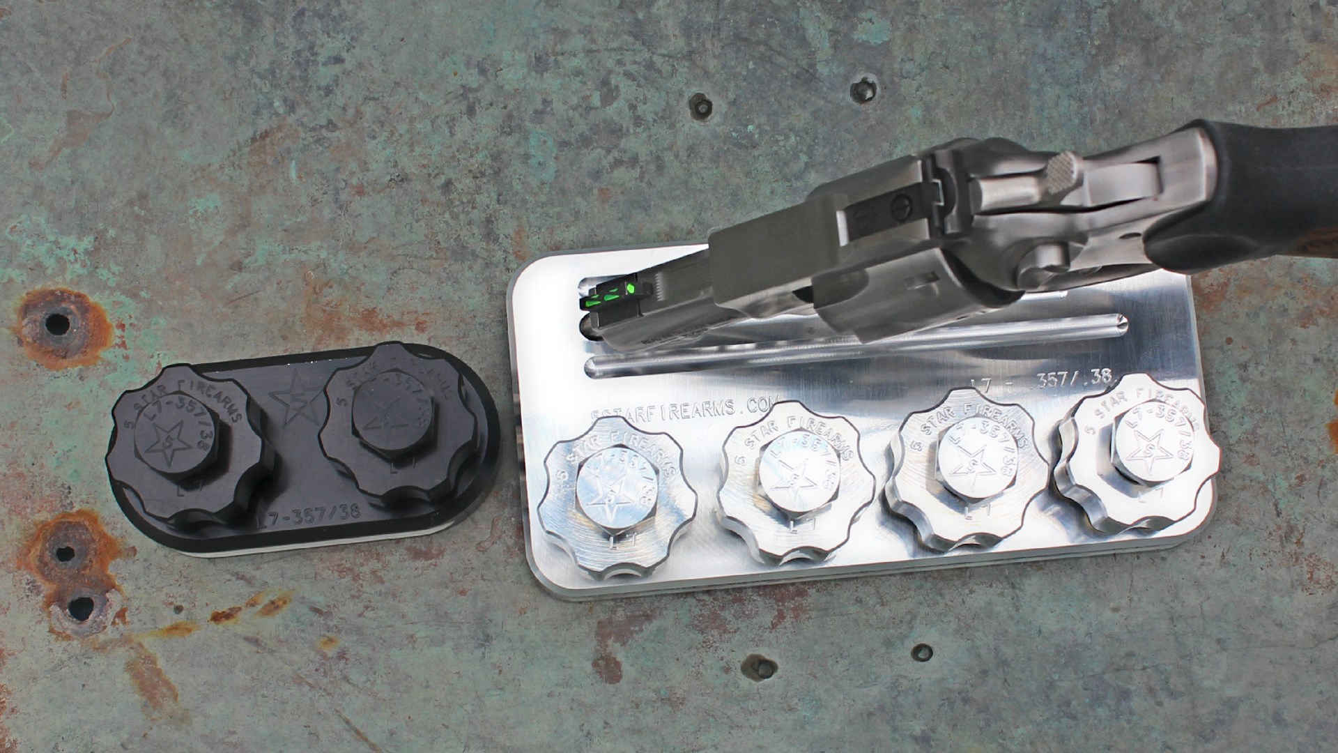 5 Star Firearms loading block metal aluminum black and silver shown with Ruger GP-100 revolver on right top