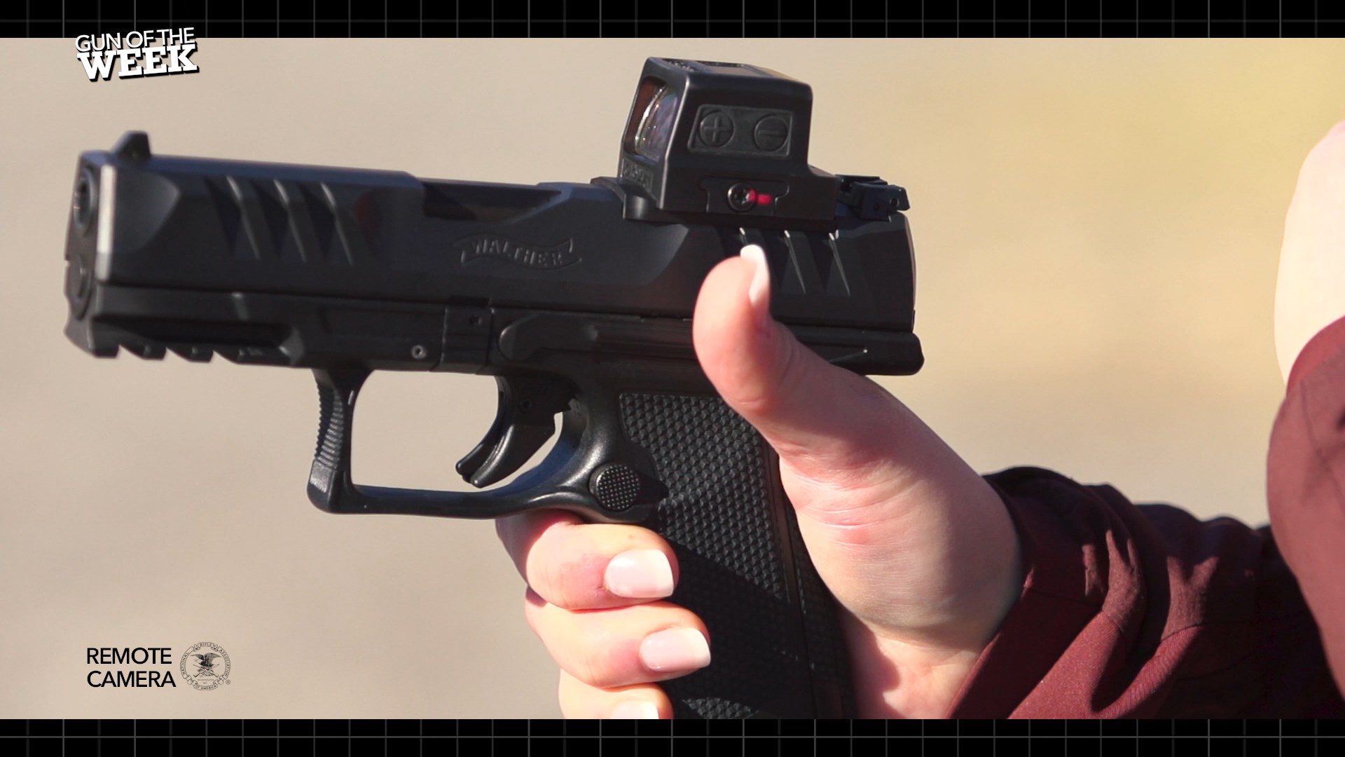 walther arms pdp f-series handgun in woman's hand outdoor black gun pistol remote camera