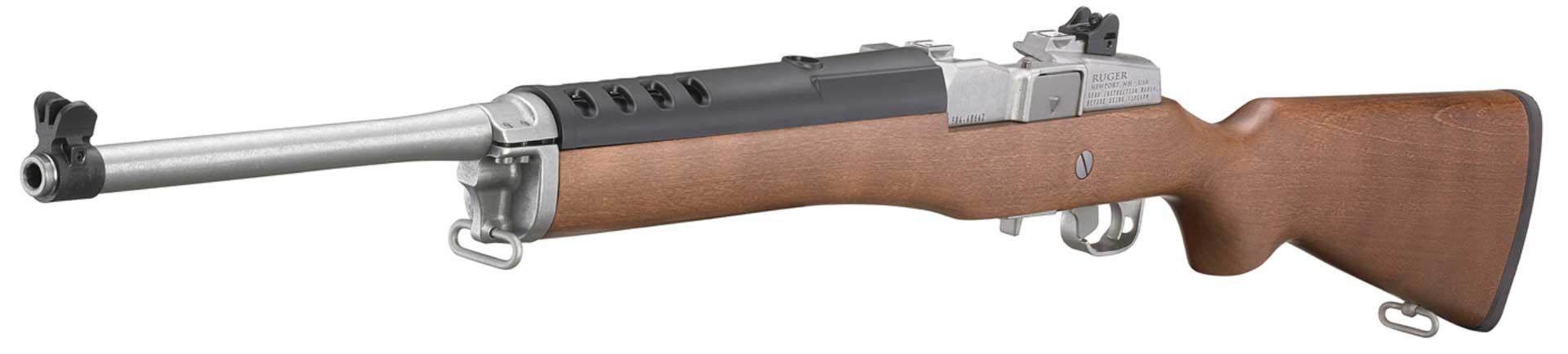 left side quartering view Ruger rifle carbine gun semi-automatic wood stainless steel