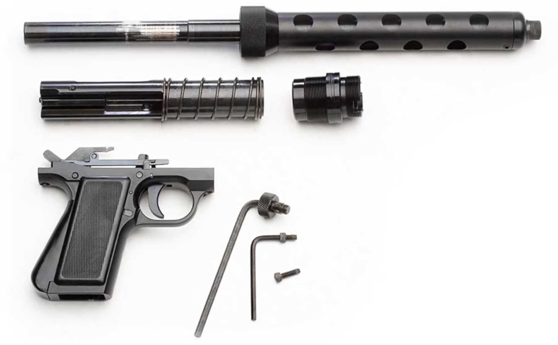 right side gun disassembled parts black steel plastic screws tools rifle