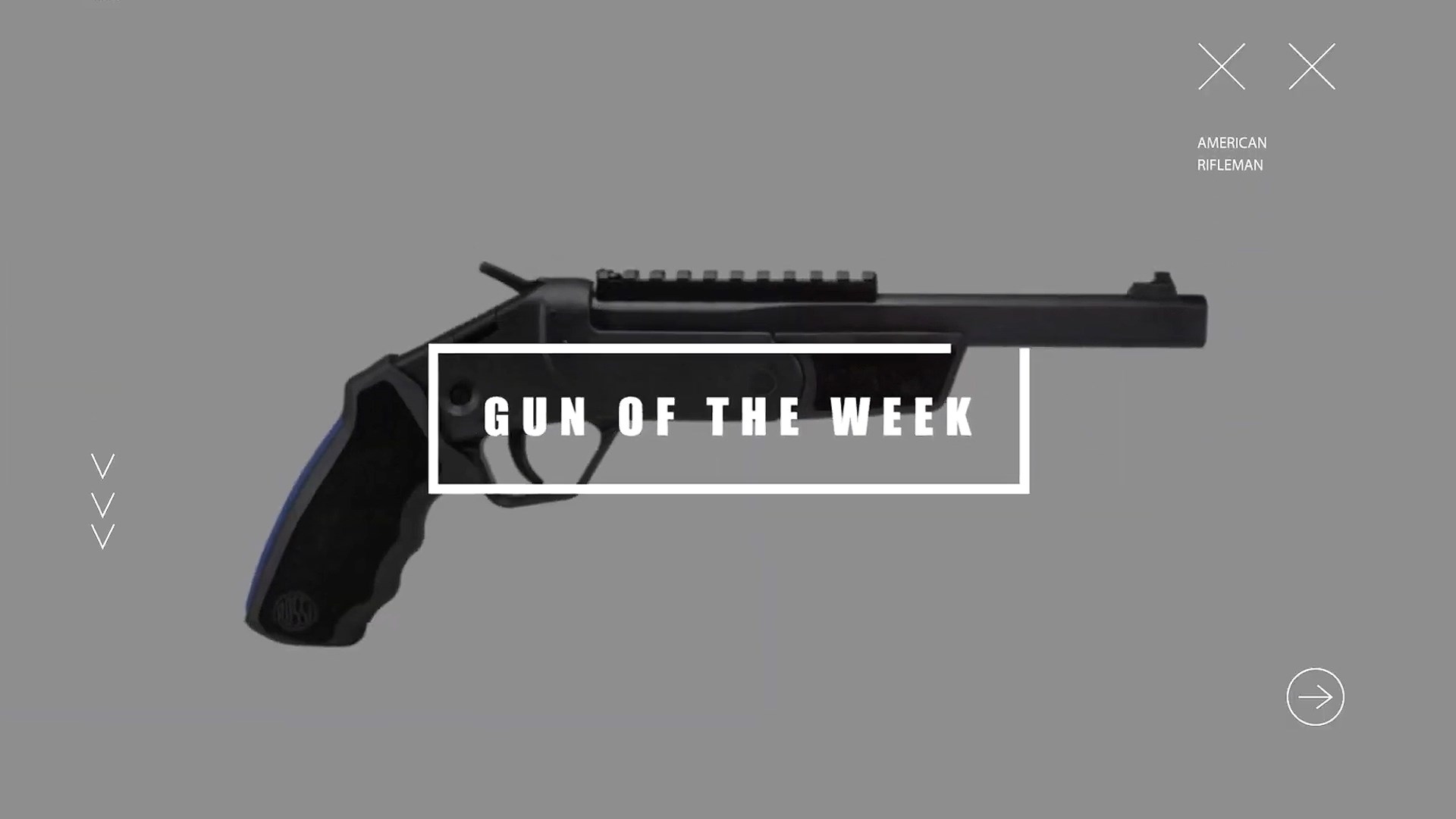 GUN OF THE WEEK text box overlay handgun rossi brawler black metal gun right-side view AMERICAN RIFLEMAN XX ARROWS on image