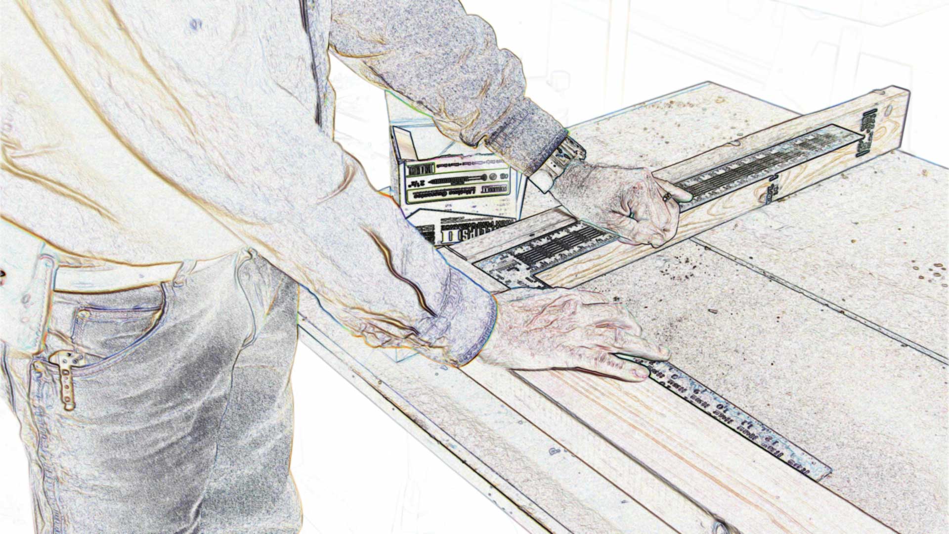 drawing rendering man workbench tools measuring wood project lumber bench construction