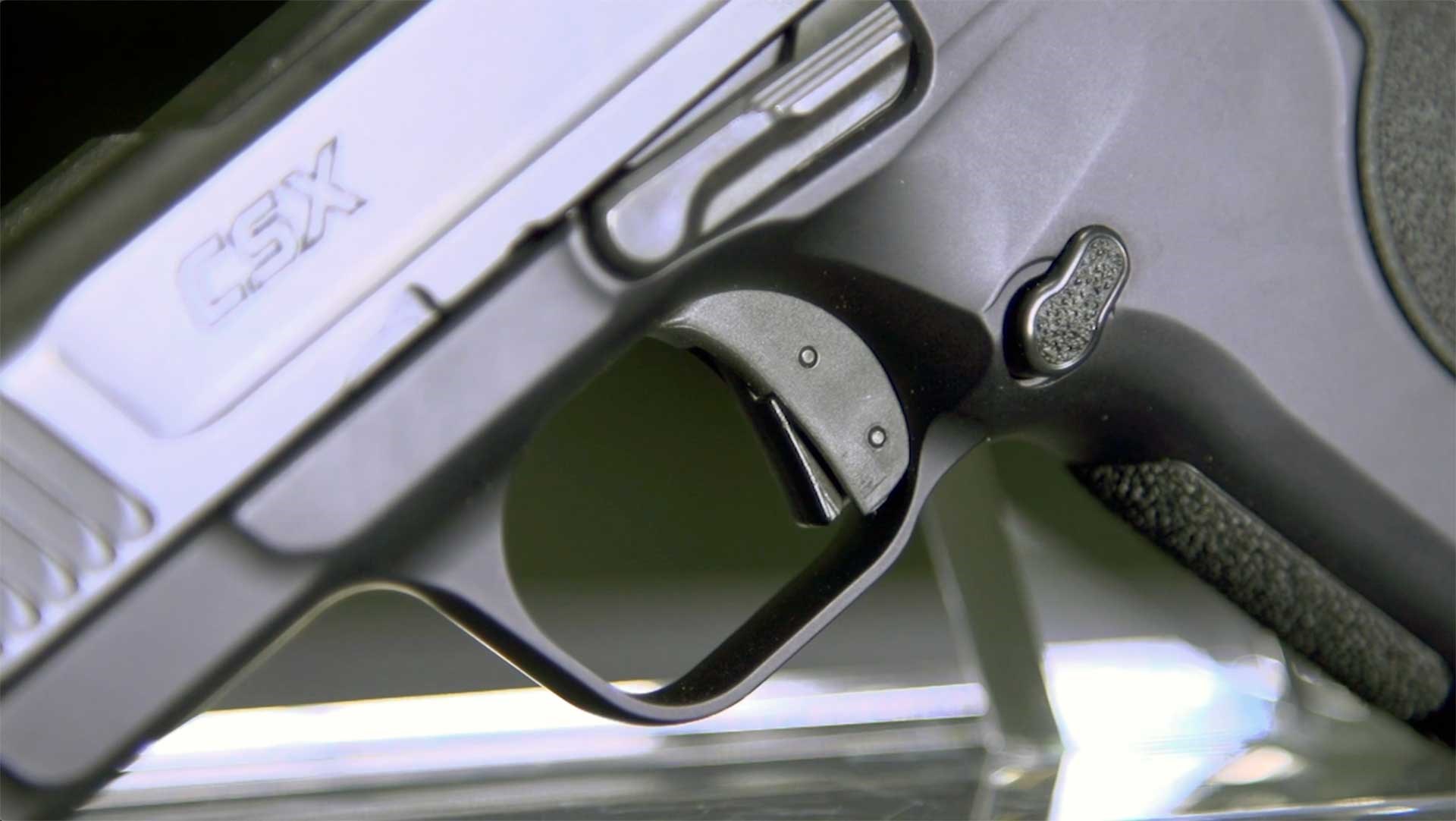 A close-up shot of the integrated blade safety on the trigger of the Smith & Wesson CSX.