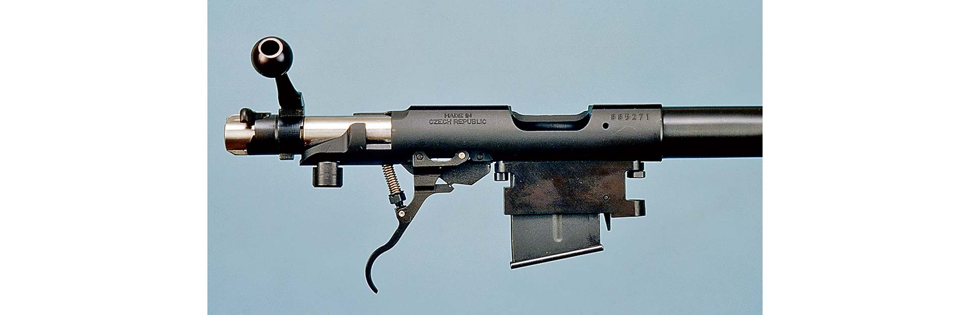 right side view of CZ452 rimfire receiver barreled action gun rifle parts