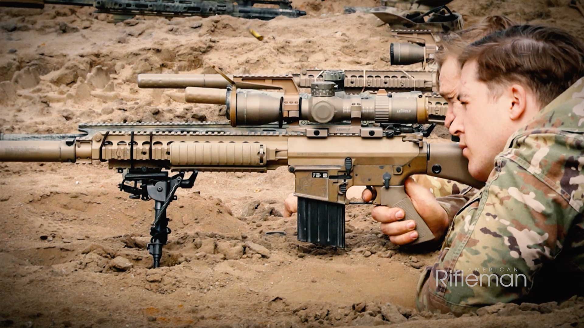 A U.S. Army soldier shooting the Army's M110 Semi-Automatic Sniper System equipped with a Leupold Mark 5HD optic.