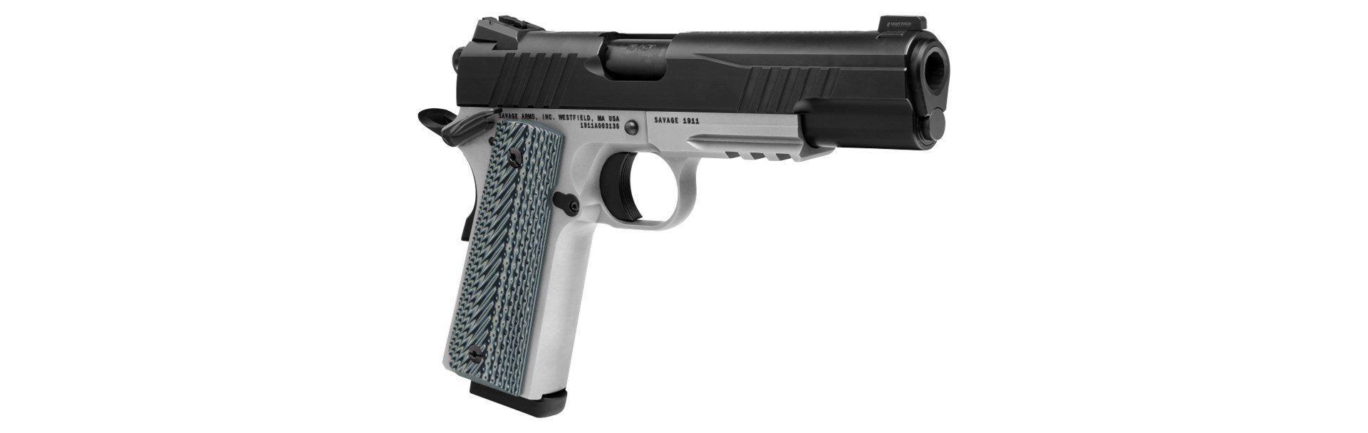 quartering view of savage arms 1911 pistol .45 acp handgun two-tone silver and black nitride g10 grips zig-zag