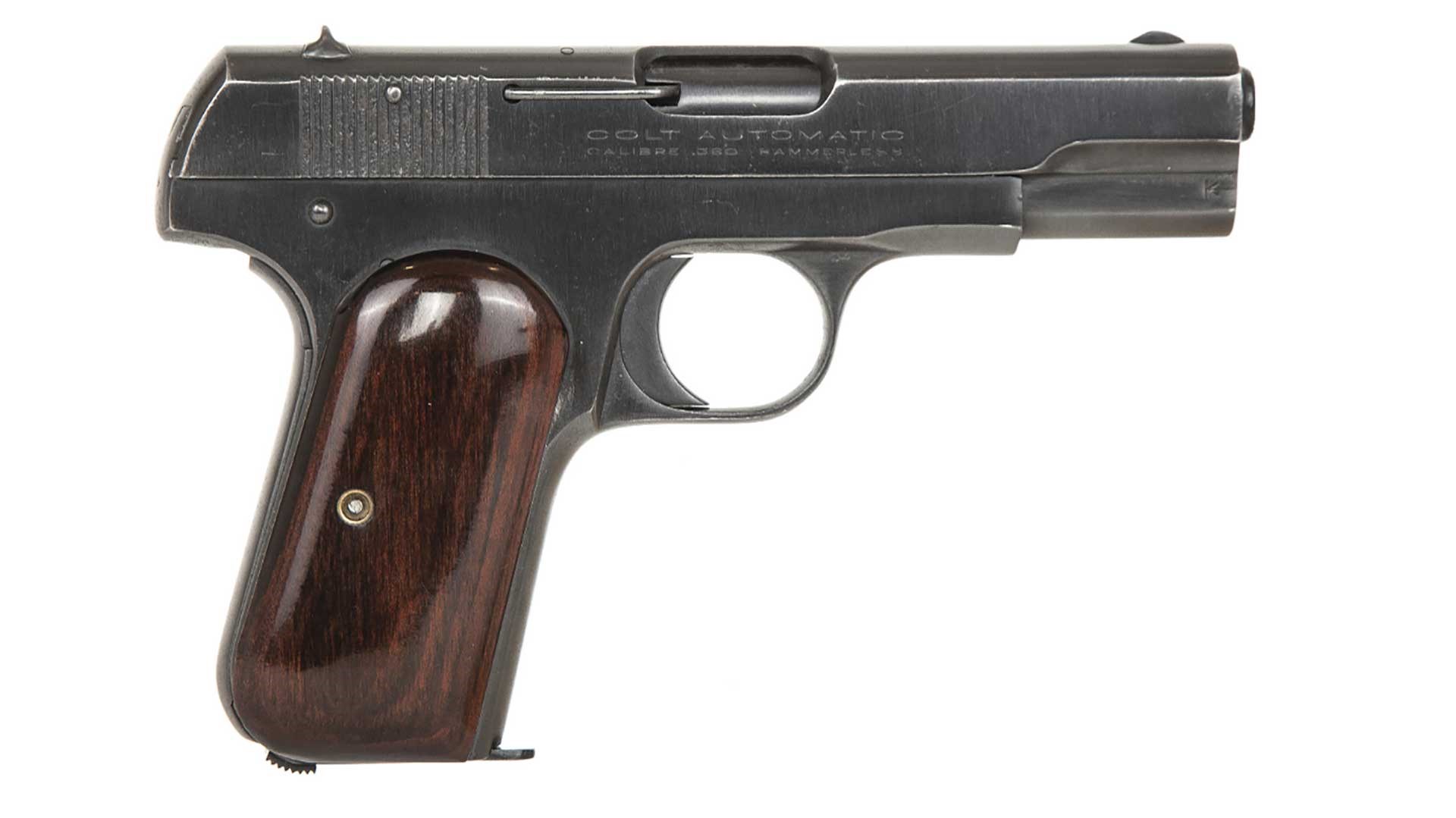A standard Colt Model 1908 Pocket Hammerless belonging to Al Capone shown on white.