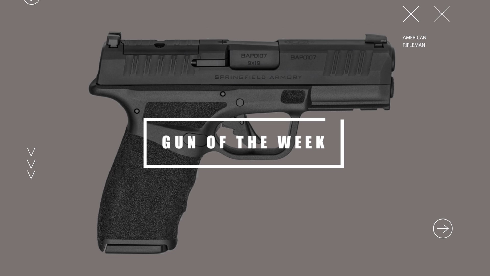 Title screen text overlay GUN OF THE WEEK Springfield Armory Hellcat Pro OSP background image faded black pistol 9 mm
