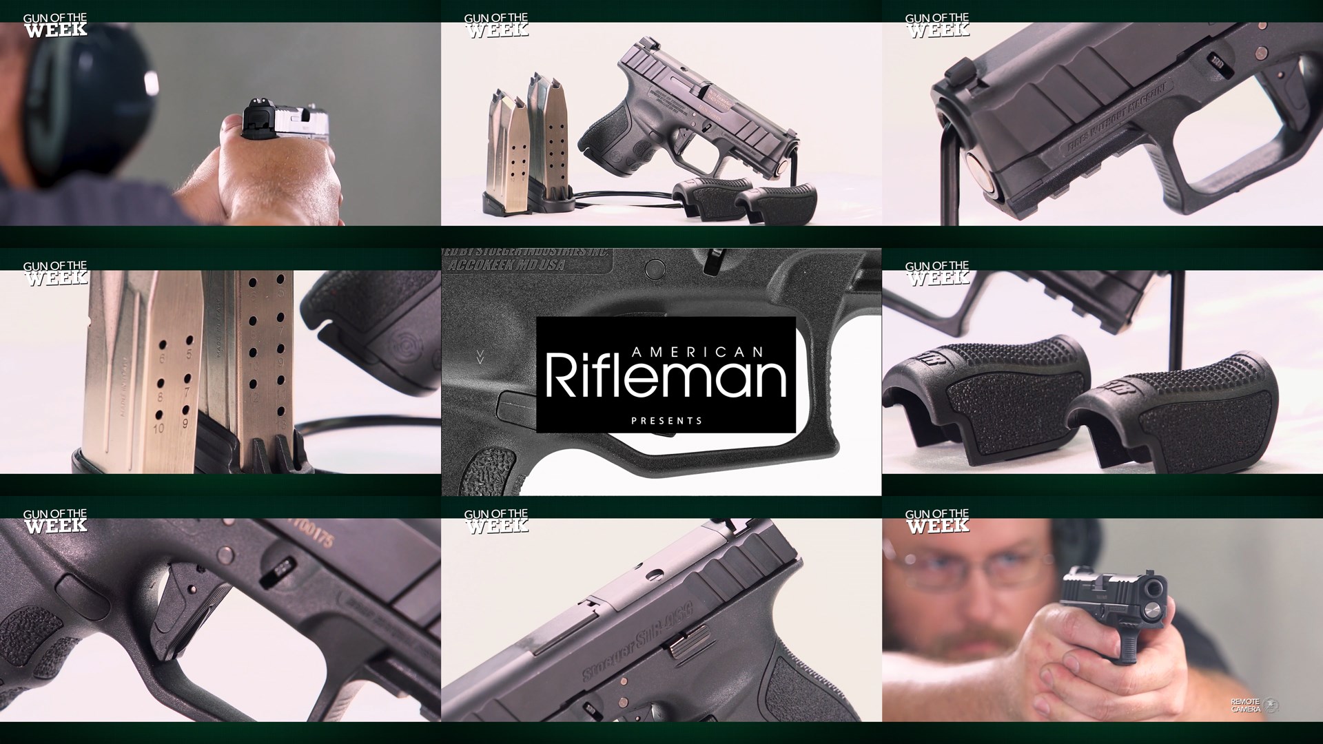 AMERICAN RIFLEMAN PRESENTS Stoeger STR-9SC semi-automatic pistol compilation mosaic tiles 9 images arranged detail closeup man shooting