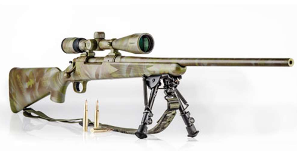 right side dynamic angle bolt-action rifle gun firearm hunting camo white background