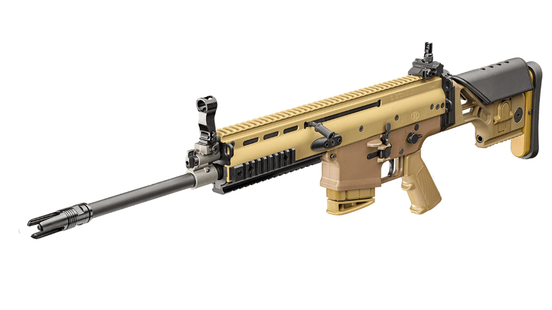 Left side angled view of the FN Scar 17S DMR in flat dark earth.