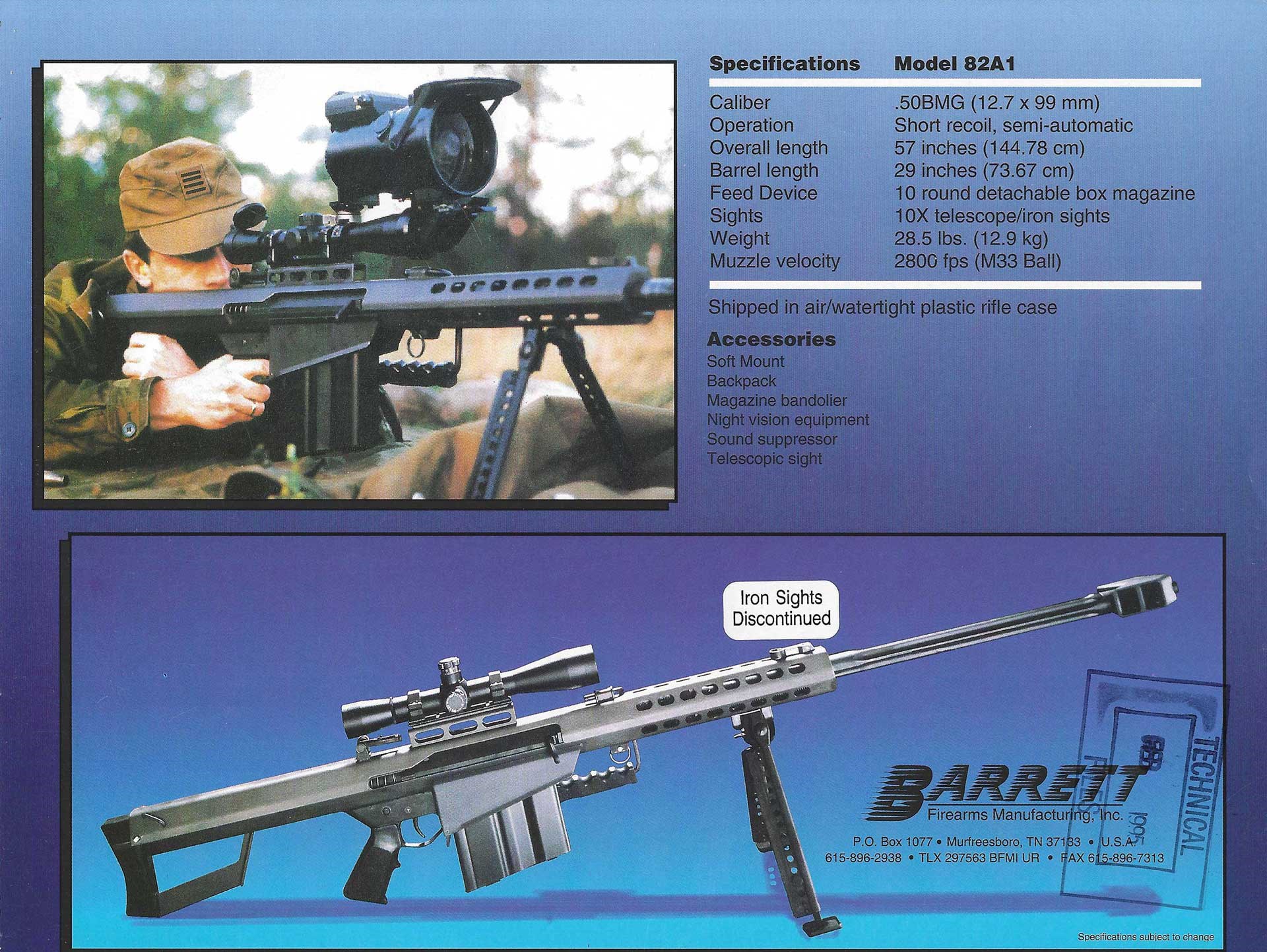 Barrett Firearms catalog brochure Model 82A1 sales sheet details specifications gun rifle soldier blue color