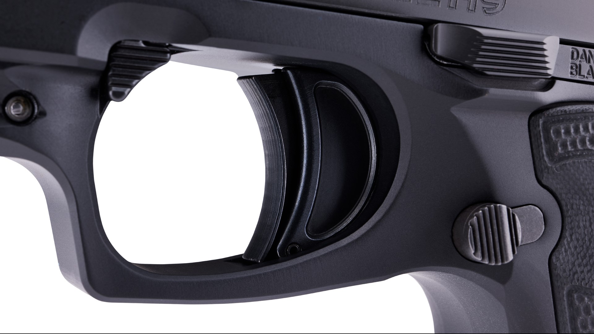 Trigger, magazine release and slide-stop lever on the left side of the Daniel Defense H9.