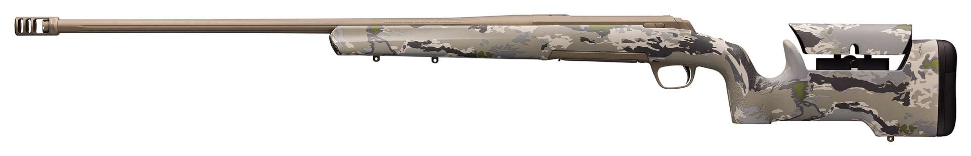 Left-side view of Browning Arms X-Bolt Hell's Canyon Max LR bolt-action rifle camouflage stock Cerakot Bronze metal action barrel.
