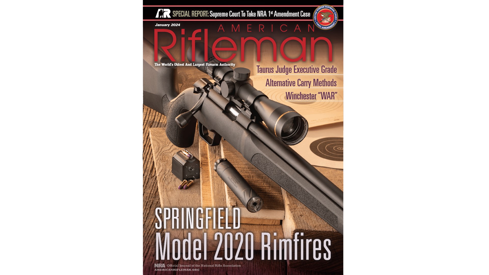 American Rifleman magazine cover January 2024 featuring Springfield Armory Model 2020 Rimfire Target with Silencer Central suppressor ammunition and targets on wood blocks