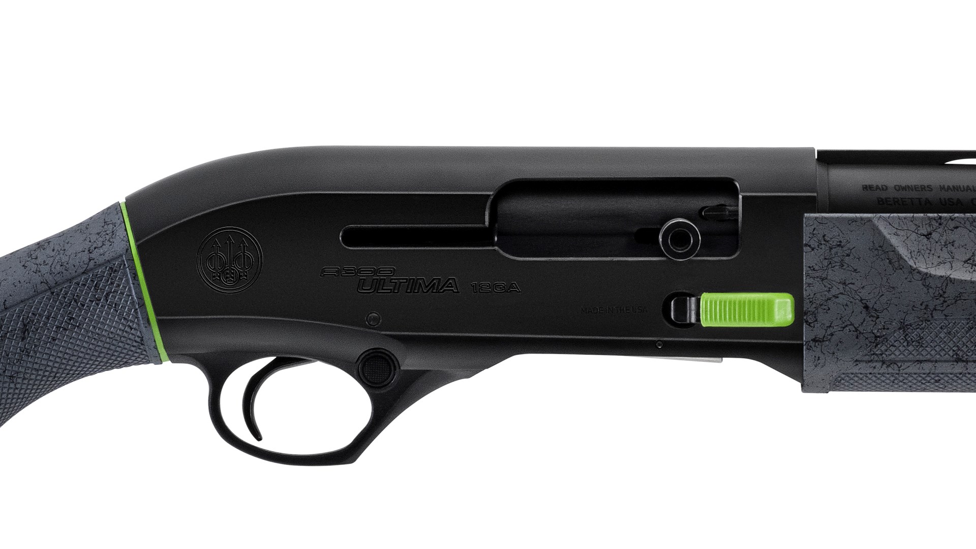 A close-up of the right side of the black receiver of the Beretta A300 Ultima Sporting shotgun on a white background.